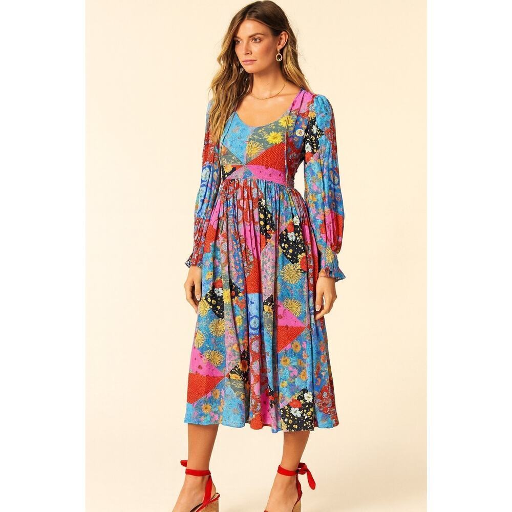 Free People Women's Long Sleeve Cha Cha Floral Print Midi Dress Size XS Boho